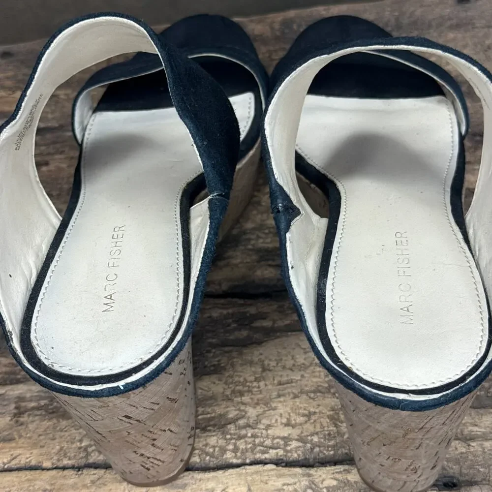 Marc Fisher Shelbee Navy Suede Cork Wedge Sandals Women’s 8.5M Leather Upper